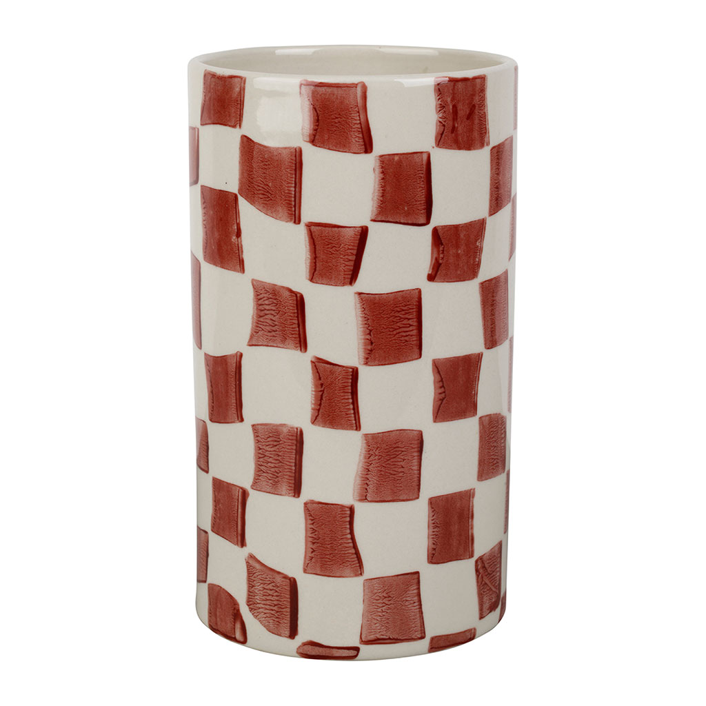Vase cylindre en grès à carreaux bordeaux et blanc h19cm - Karoz